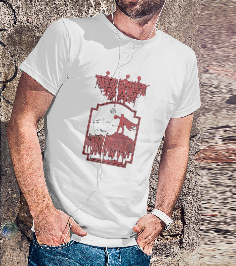 Tormentor Tyrant Red Figure Standing Amidst Crowd Under Moon T-Shirt