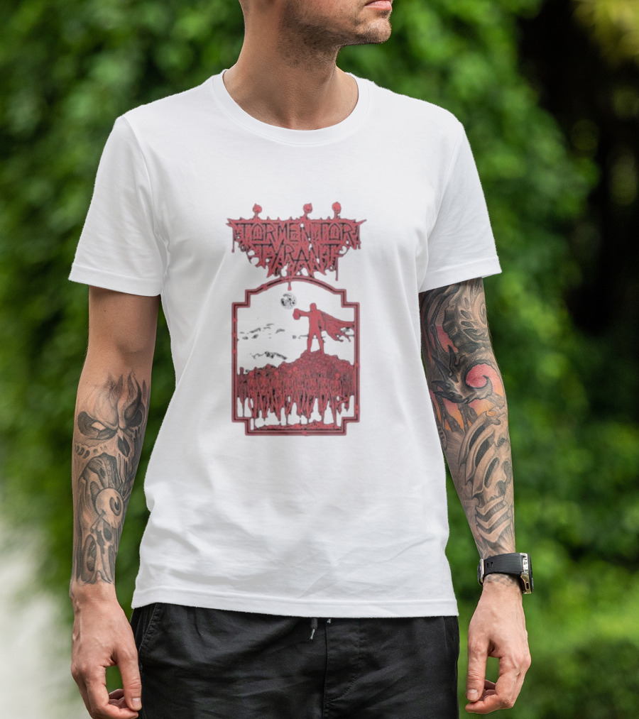 Tormentor Tyrant Red Figure Standing Amidst Crowd Under Moon T-Shirt