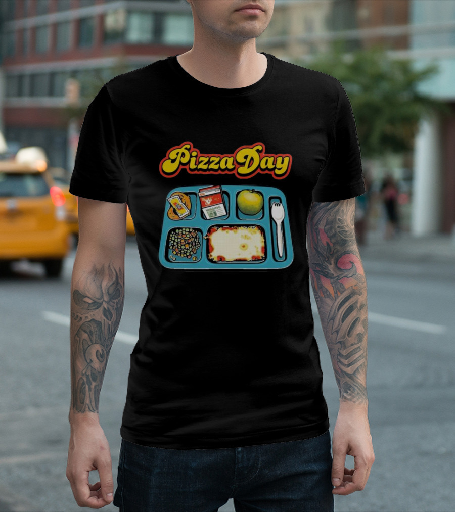S7s Pizza Day Cafeteria Lunch Tray with Pizza, Milk, Apple, Cookies, Fork, and Vegetables T-Shirt