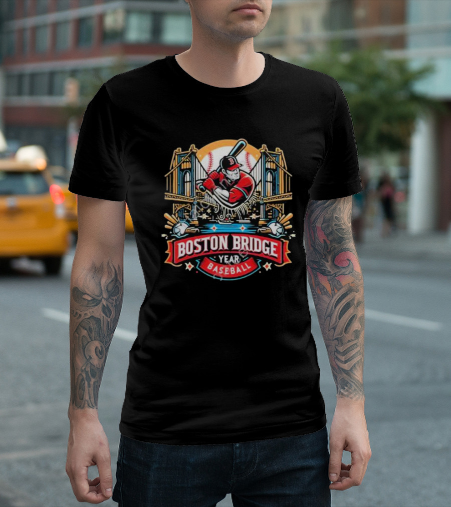 Shawn Palmerdesigns Boston Bridge Baseball Player Crossing Iconic Structure T-Shirt