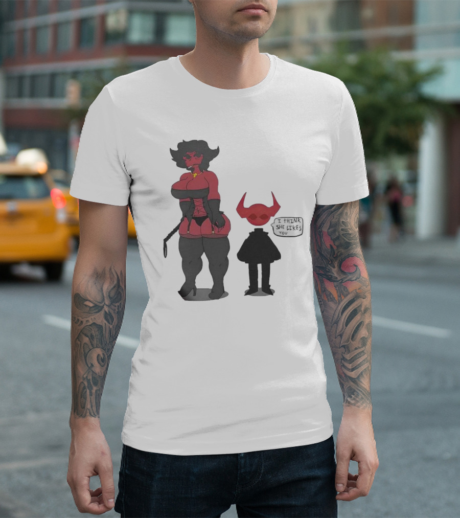 Thewboy I Think She Likes You Dark Humorous Cartoon Characters T-Shirt