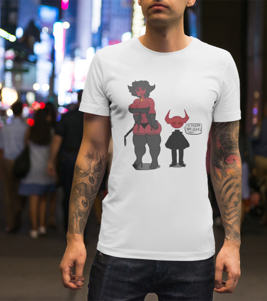 Thewboy I Think She Likes You Dark Humorous Cartoon Characters T-Shirt