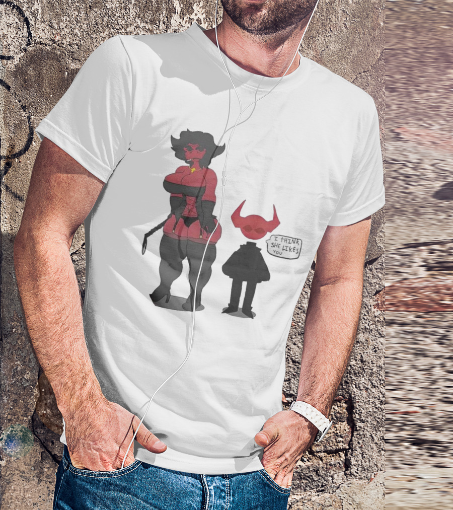 Thewboy I Think She Likes You Dark Humorous Cartoon Characters T-Shirt