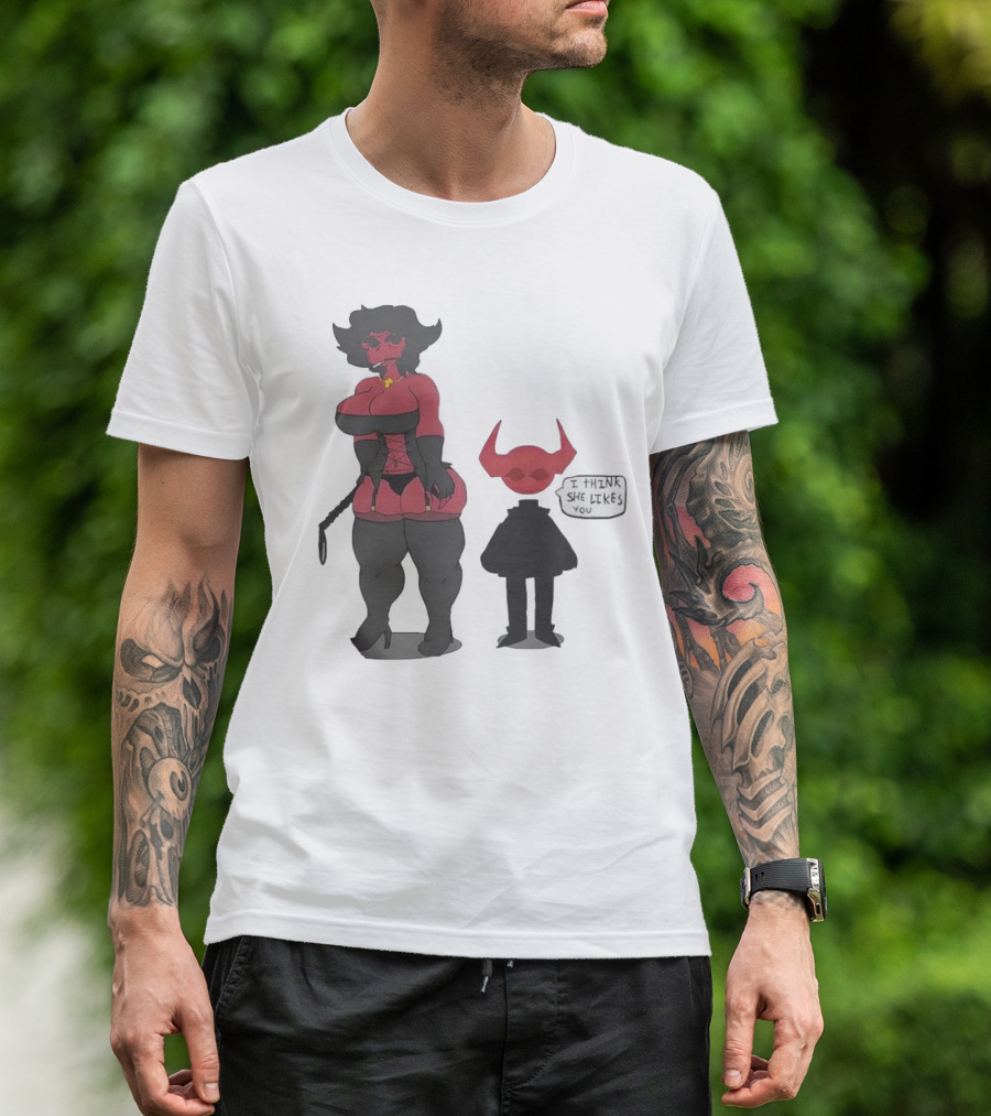 Thewboy I Think She Likes You Dark Humorous Cartoon Characters T-Shirt