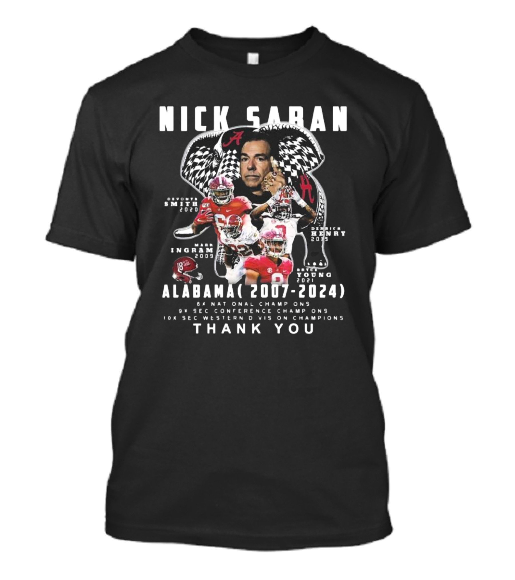 Nick Saban Alabama Coach 2007-2024 Tribute Featuring Smith, Ingram, Henry, Young, National SEC Champions T-Shirt