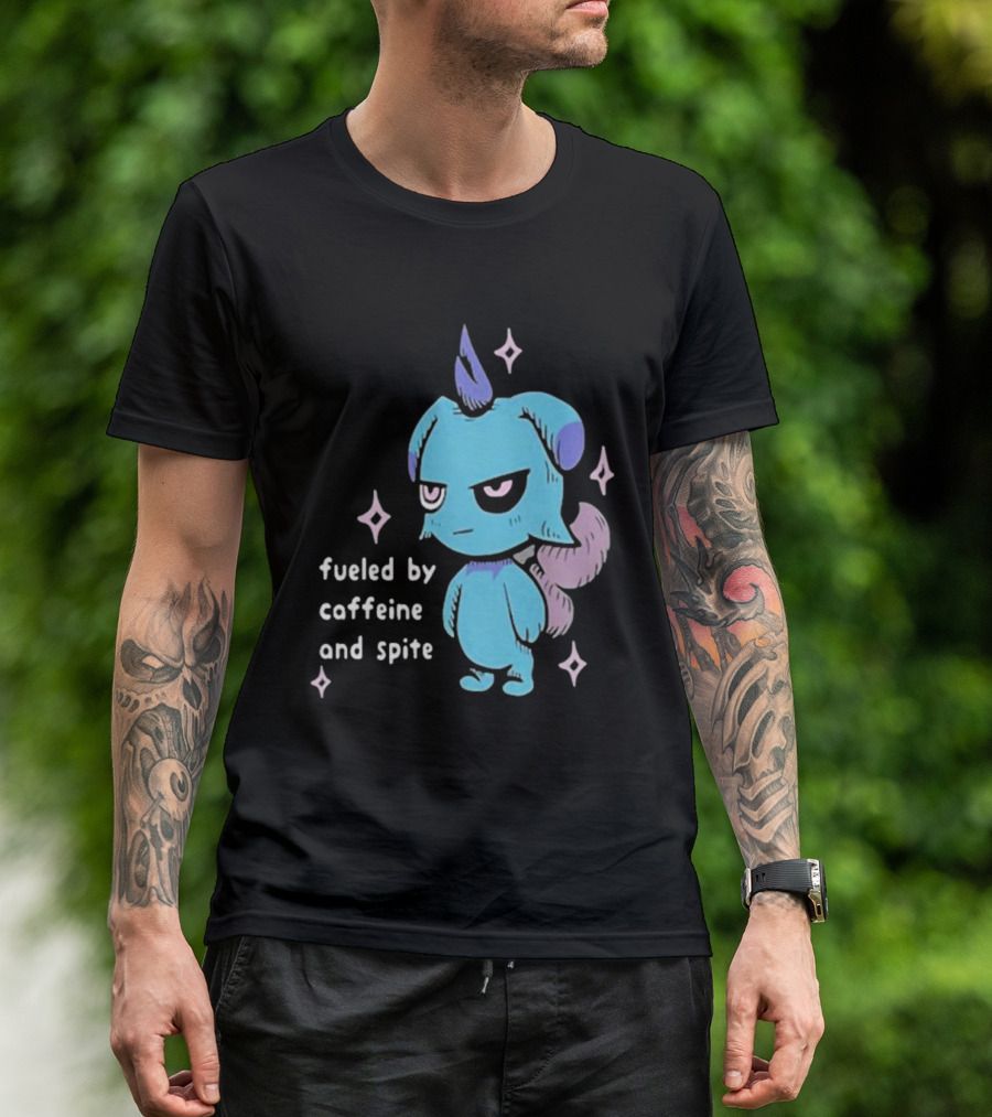 Palworld Fueled By Caffeine And Spite Blue Creature With Pink Stars T-Shirt