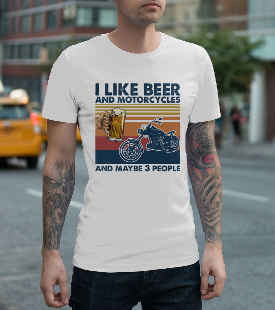 I Like Beer and Motorcycles and Maybe 3 People Striped Motif with Beer Mug and Motorcycle T-Shirt