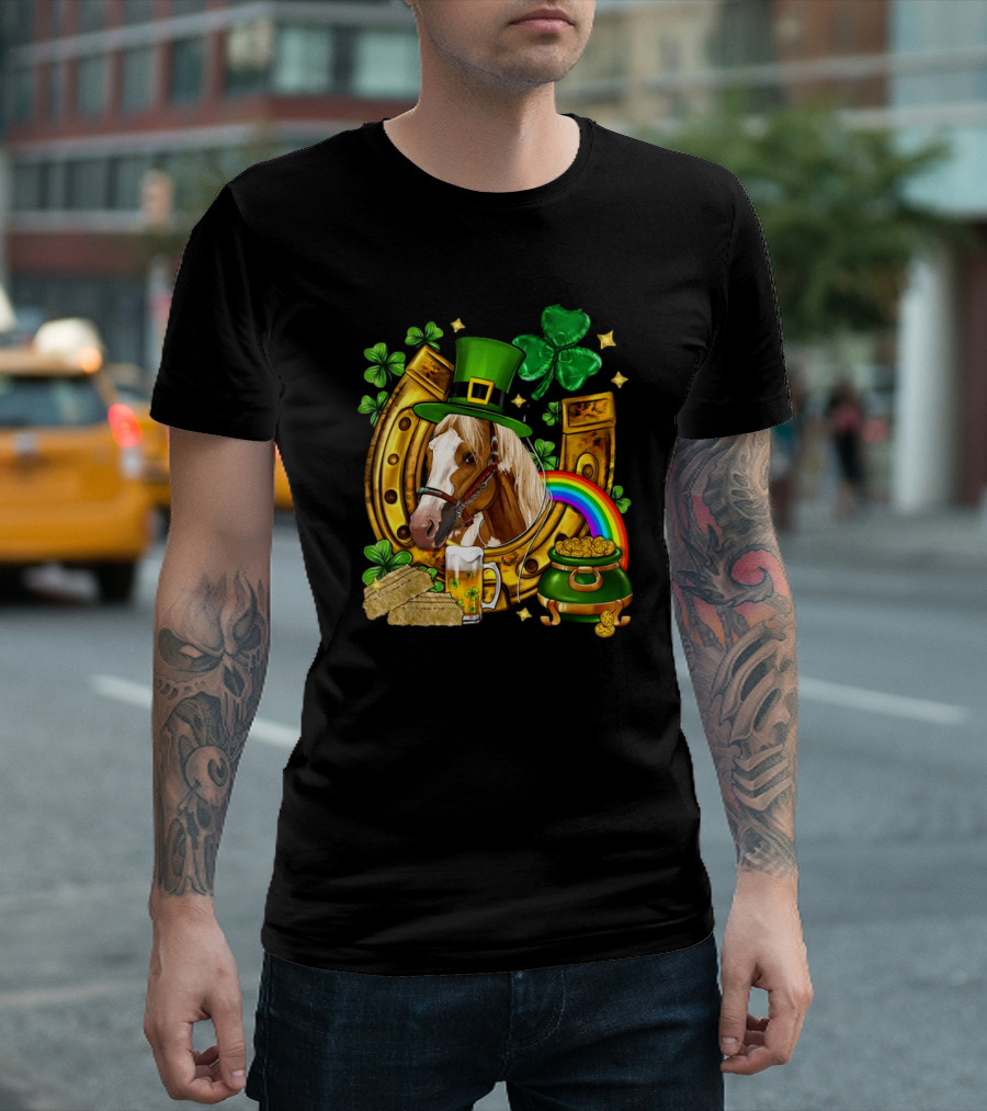 Horse Luck Gold Leprechaun Hat Shamrock Horseshoe Pot of Gold Rainbow T-Shirt