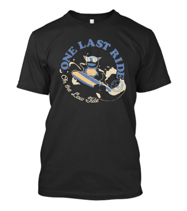 Surfing Adventure With Blue Masked Figure And Iconic Board 'One Last Ride On The Low Tide' T-Shirt