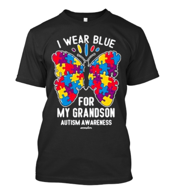 I Wear Blue Butterfly Puzzle My Grandson Autism Awareness T-Shirt