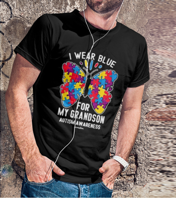 I Wear Blue Butterfly Puzzle My Grandson Autism Awareness T-Shirt