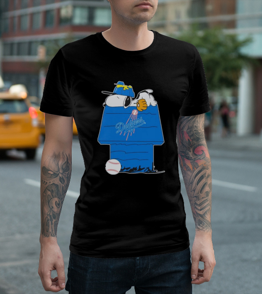 Snoopy and Woodstock Sleeping on Los Angeles Dodgers Doghouse with Baseball T-Shirt