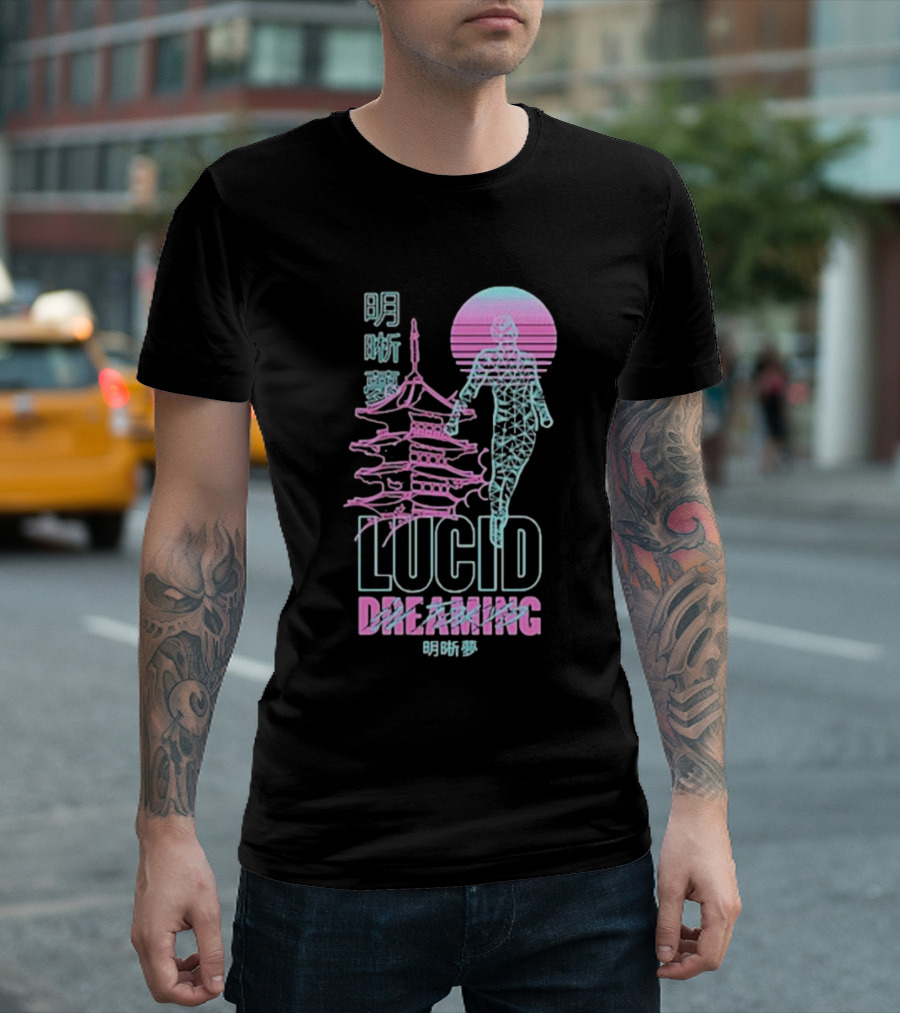 Lucid Dreaming Tokyo Japan Neon Pagoda And Wireframe Figure T-Shirt