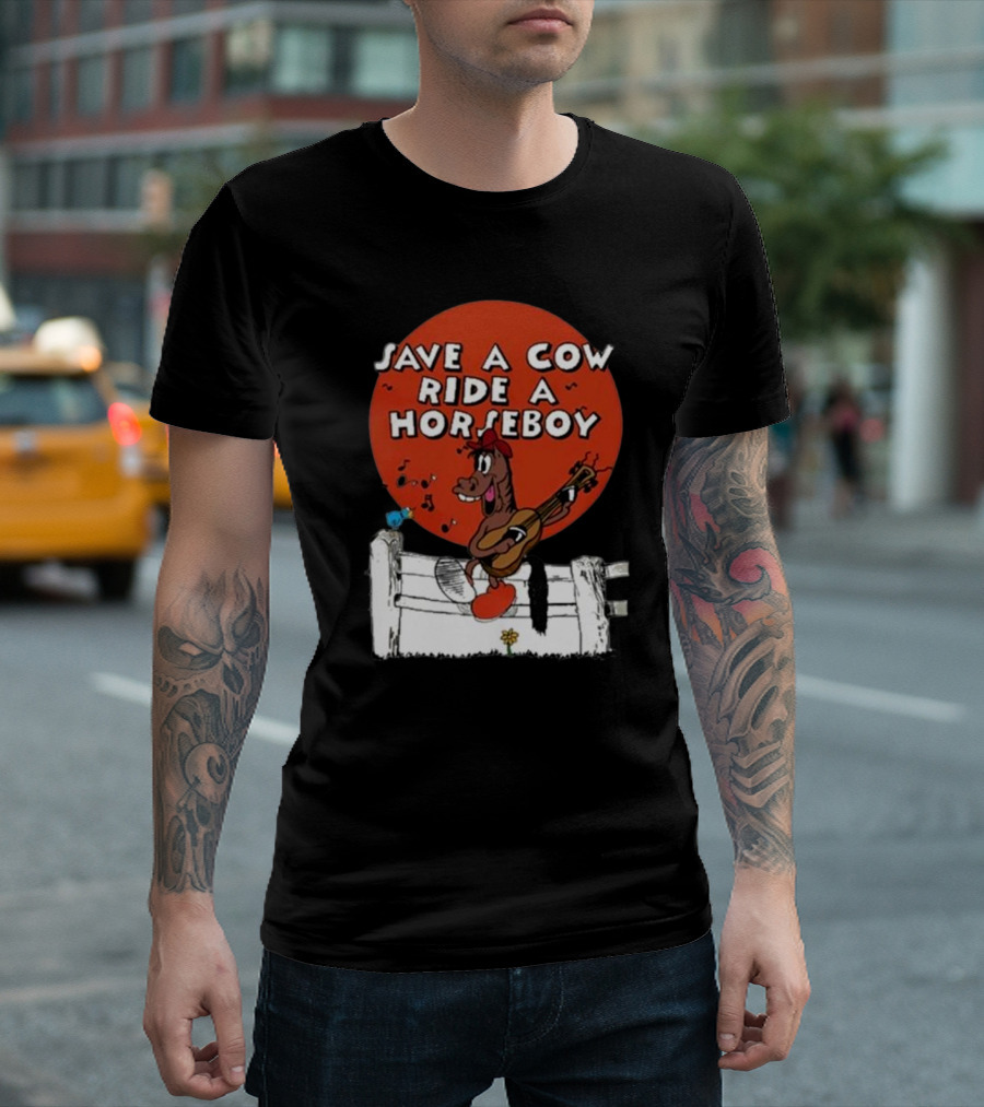 Save A Cow Ride A Horseboy Cartoon Horse Playing Guitar T-Shirt
