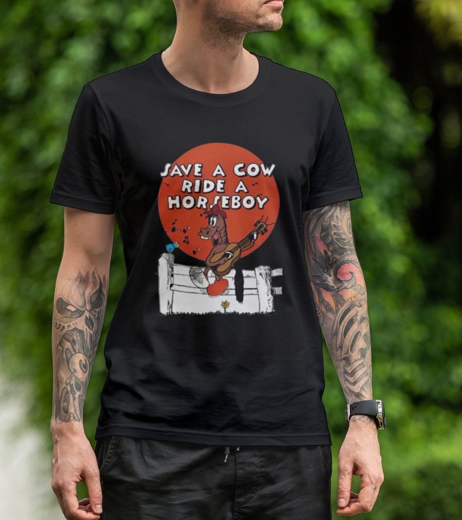 Save A Cow Ride A Horseboy Cartoon Horse Playing Guitar T-Shirt