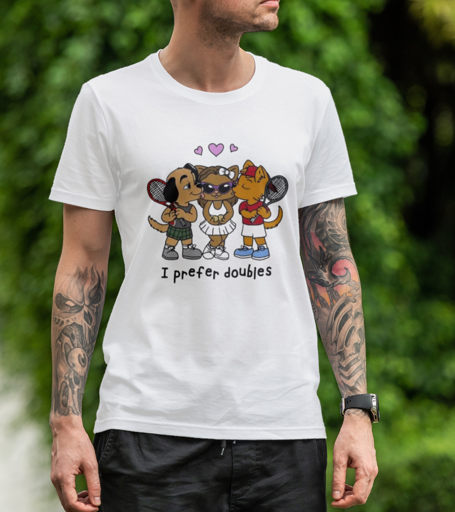 I Prefer Doubles Cute Animals With Tennis Rackets And Hearts T-Shirt