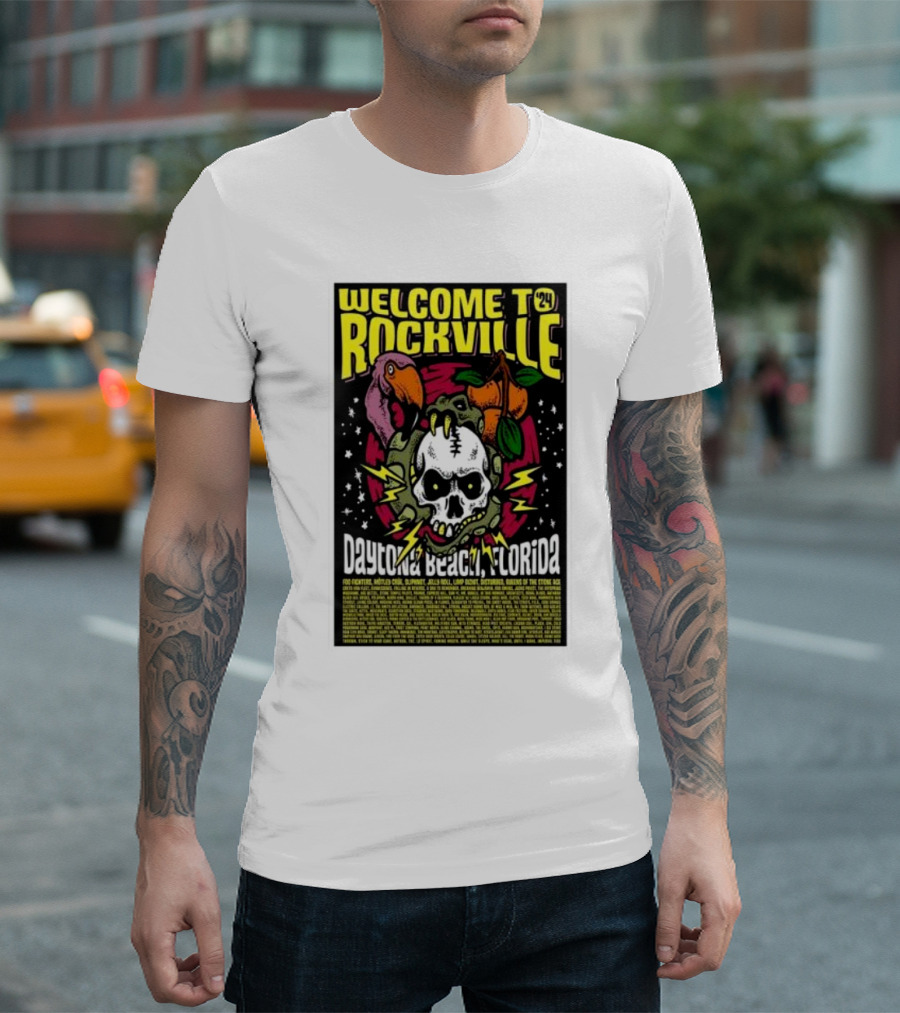 Welcome to Rockville 2024 Daytona Beach Florida Skull Vulture Orange Lightning T-Shirt