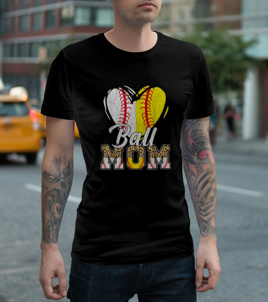 Ball Mom Heart Leopard Baseball Softball Vintage Women T-Shirt