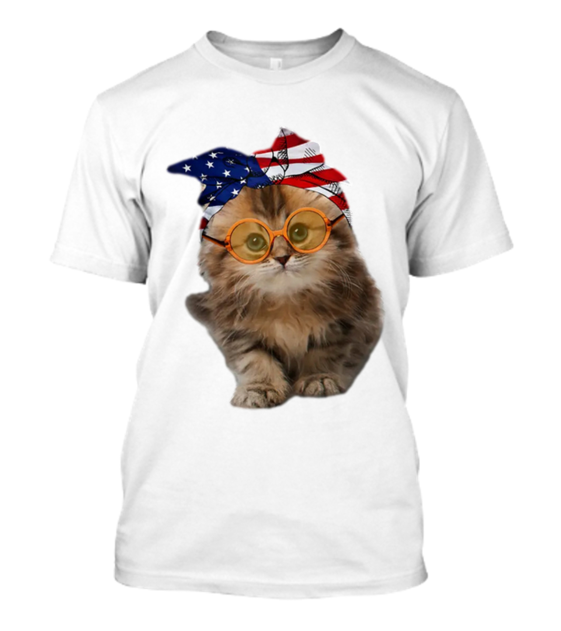 Adorable Cat In American Flag Bandana And Glasses Celebrating USA 4th Of July Cats 365 T-Shirt