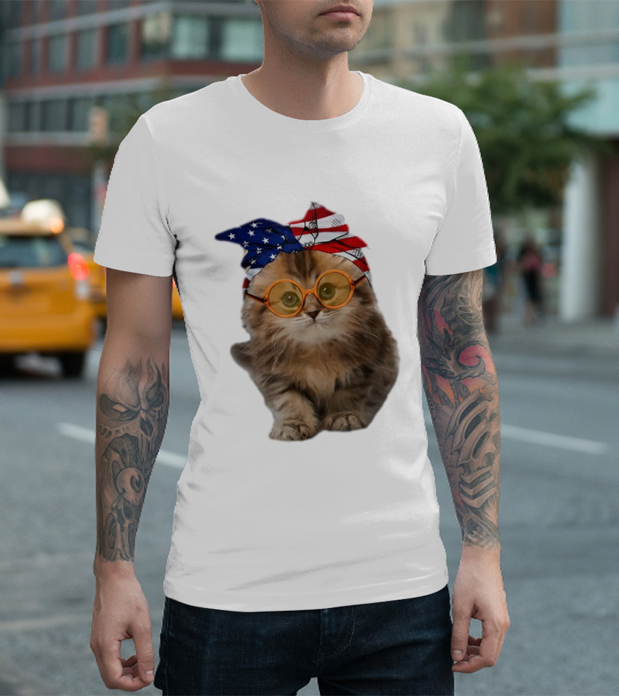 Adorable Cat In American Flag Bandana And Glasses Celebrating USA 4th Of July Cats 365 T-Shirt