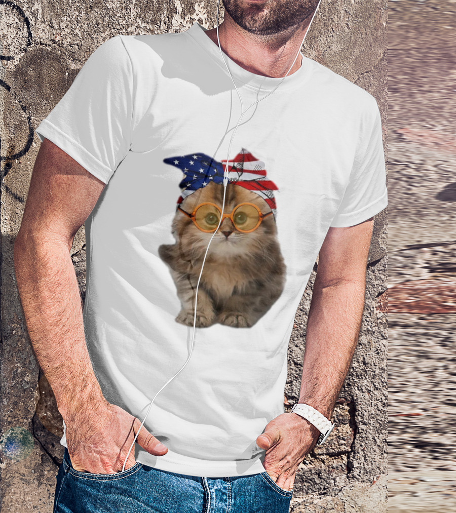 Adorable Cat In American Flag Bandana And Glasses Celebrating USA 4th Of July Cats 365 T-Shirt