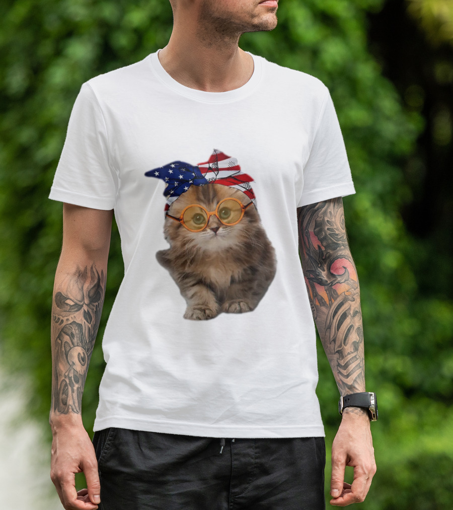 Adorable Cat In American Flag Bandana And Glasses Celebrating USA 4th Of July Cats 365 T-Shirt