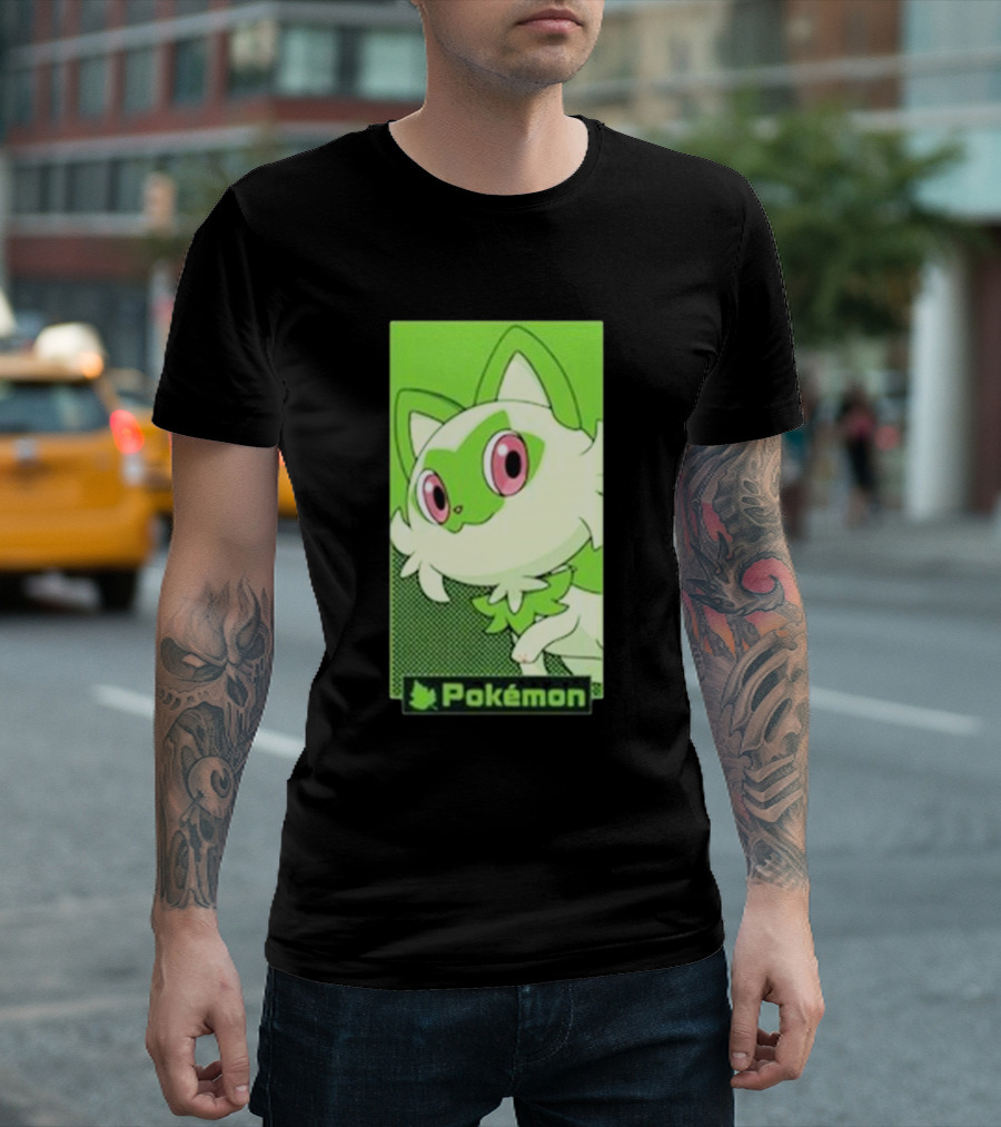 Pokémon Sprigatito Green Background Pink Eyes Cute Character T-Shirt