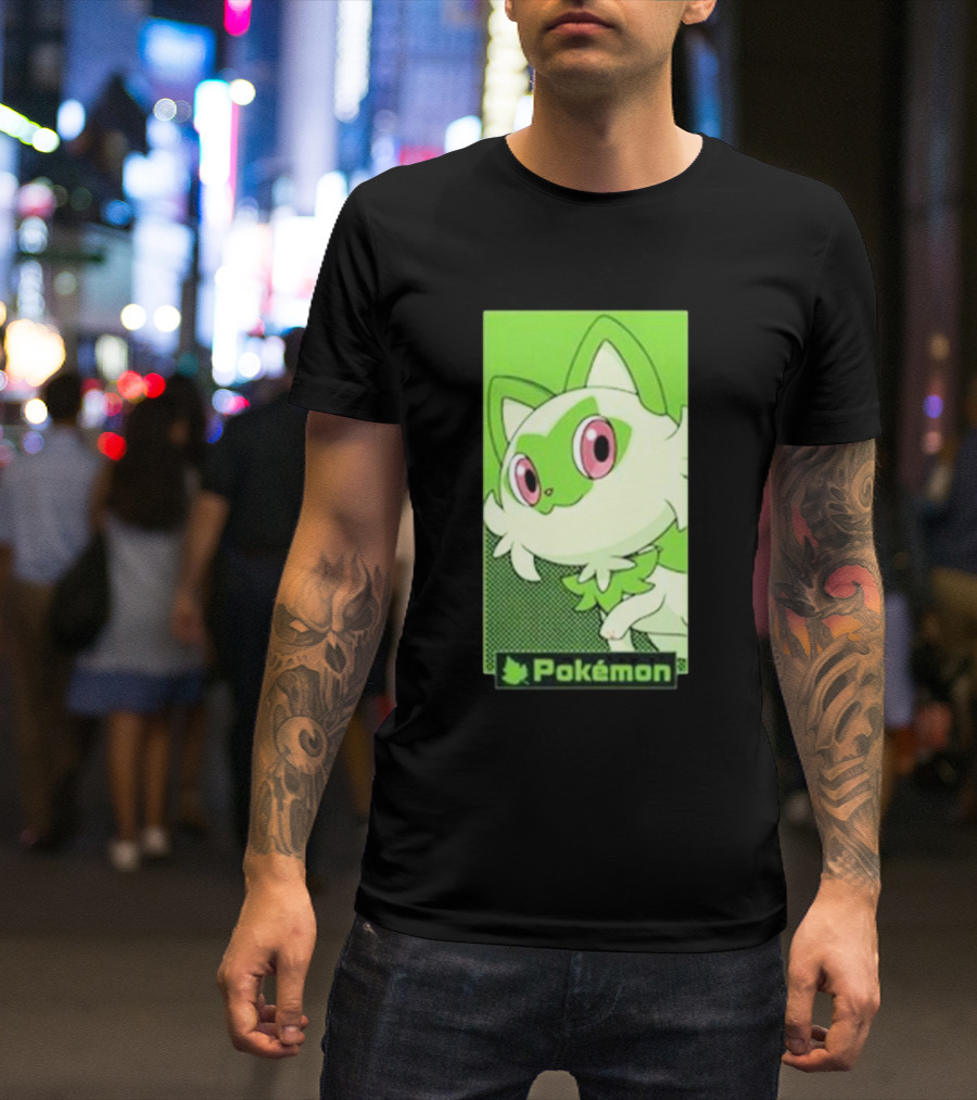 Pokémon Sprigatito Green Background Pink Eyes Cute Character T-Shirt