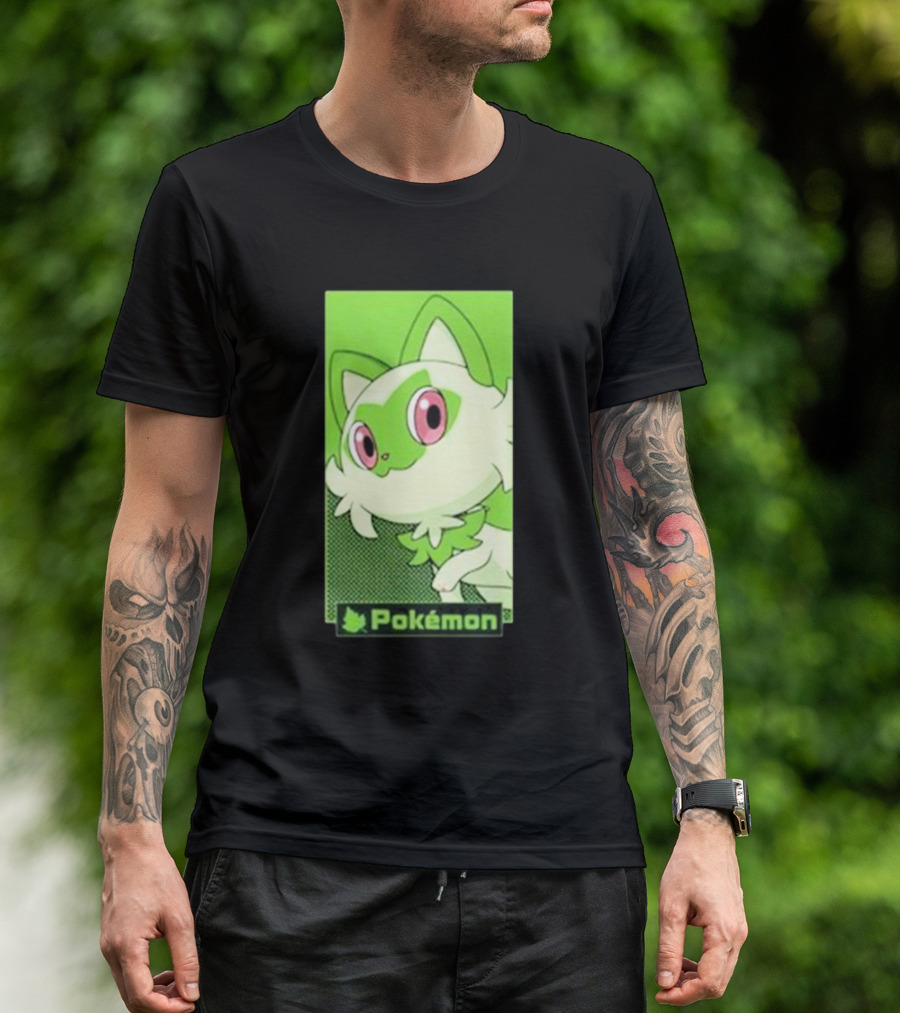 Pokémon Sprigatito Green Background Pink Eyes Cute Character T-Shirt