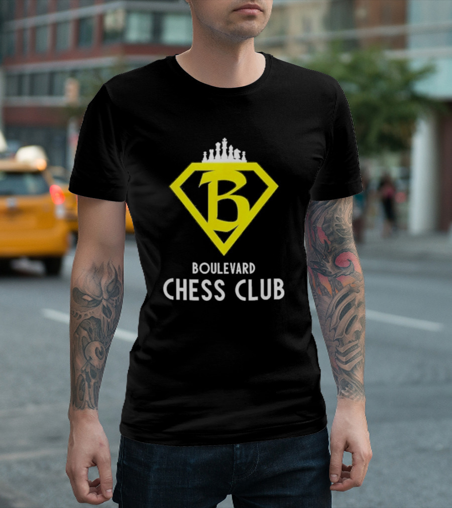 Boulevard Chess Club Logo with Yellow Diamond and Chess Pieces T-Shirt