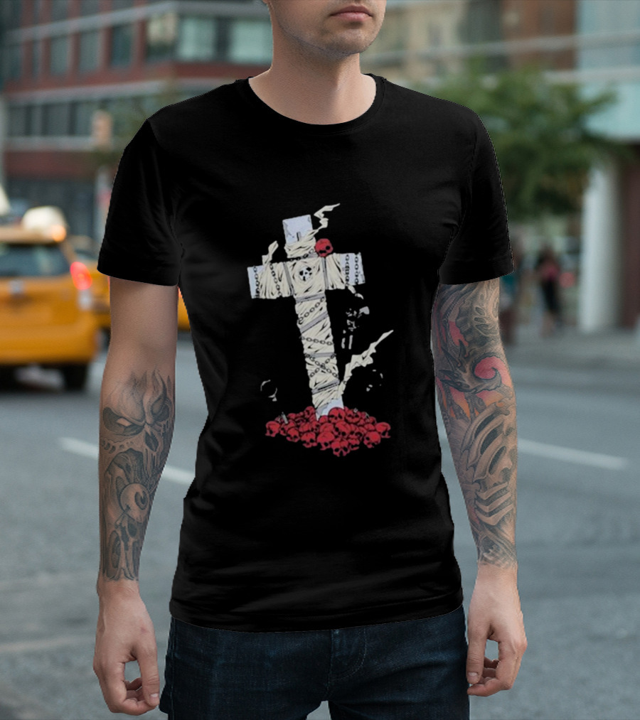 Steady-Hands Wrapped Cross with Chains and Skulls T-Shirt