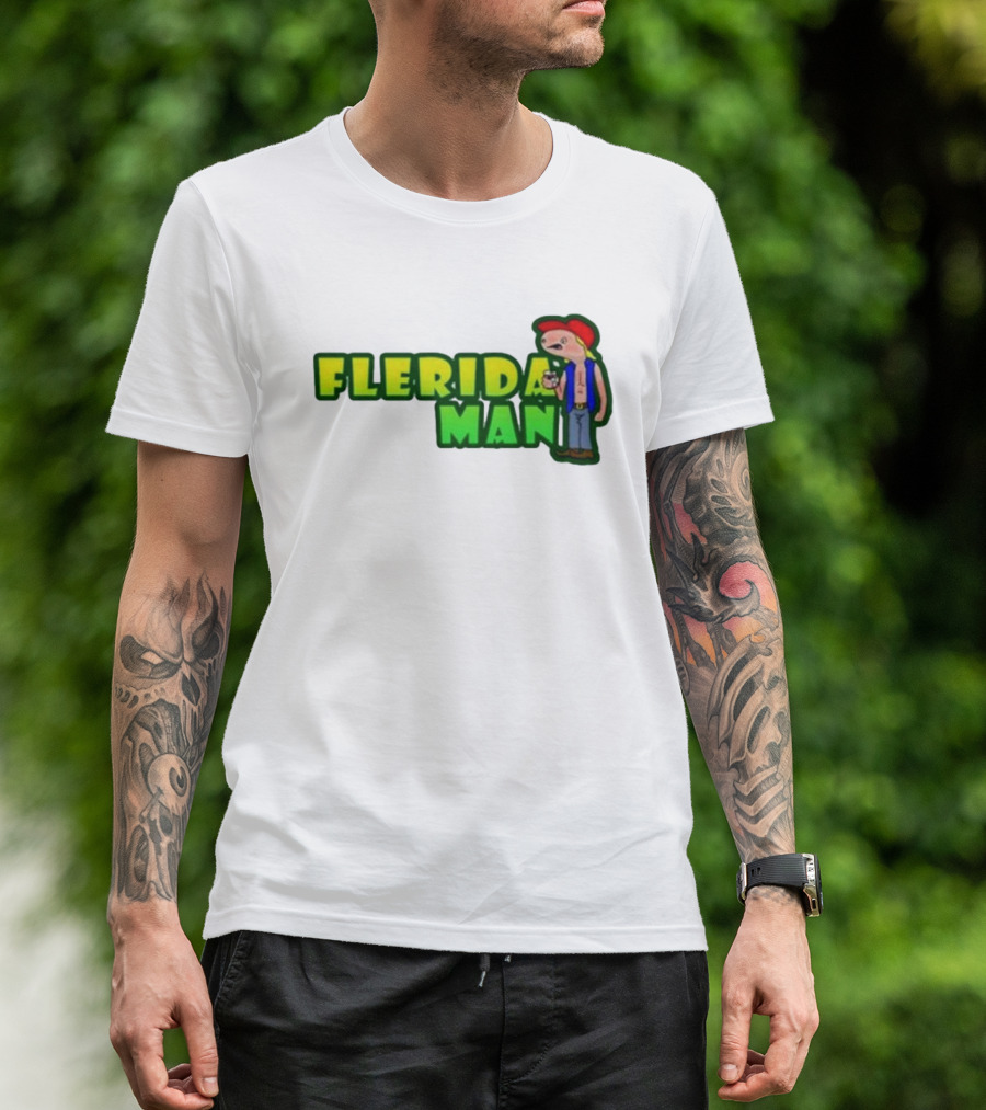 Flerida Man Beer Drinking Cartoon Character With Red Cap And Green Letters T-Shirt