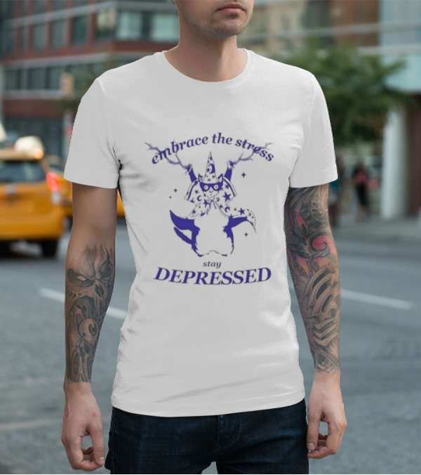 Embrace The Stress Stay Depressed Wizard Cat Stars Cloaked In Night T-Shirt
