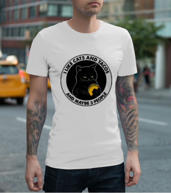 Black Cat I Like Cats And Tacos And Maybe 3 People T-Shirt