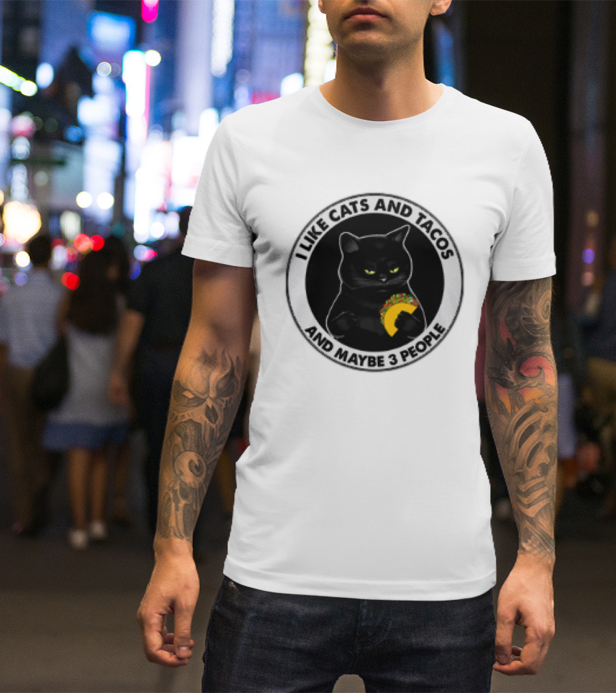 Black Cat I Like Cats And Tacos And Maybe 3 People T-Shirt