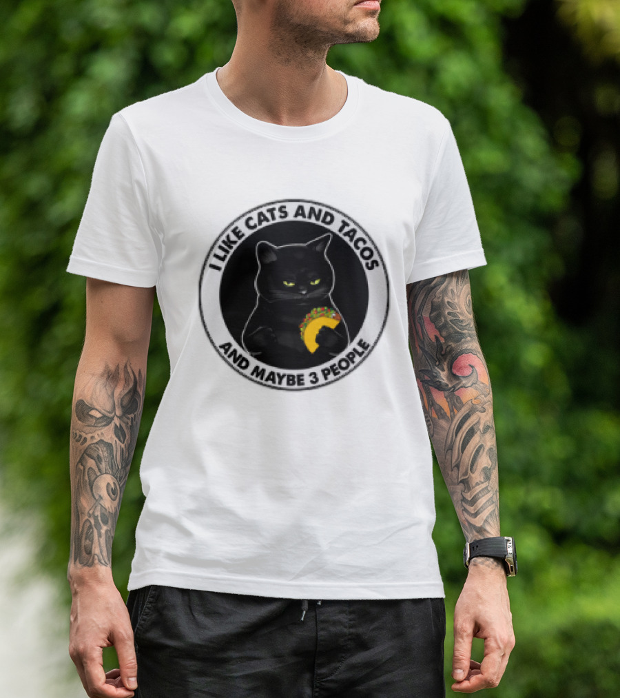 Black Cat I Like Cats And Tacos And Maybe 3 People T-Shirt