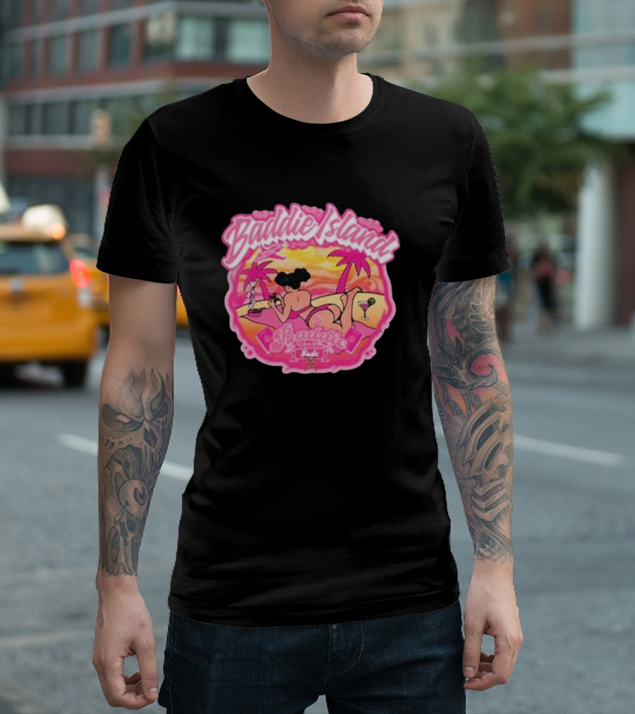 Baddie Island Summer Scene with Palm Trees and Cocktail Imagery - Baddie Budz Vibe T-Shirt