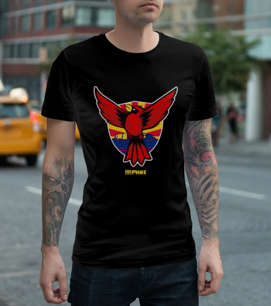 PHNX Cardinals Red Bird Emblem With Arizona Flag Shield T-Shirt