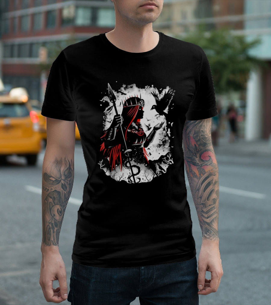 Goddess of Fate and War with Spear and Raven T-Shirt