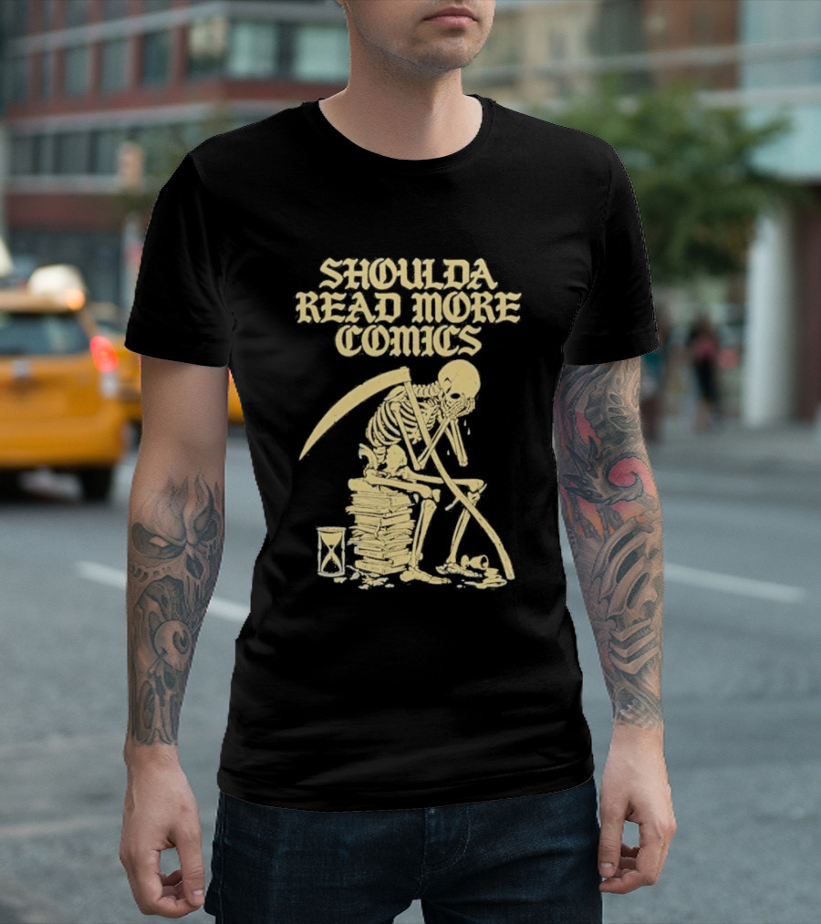 Shoulda Read More Comics Skeleton Sitting on Books with Hourglass T-Shirt
