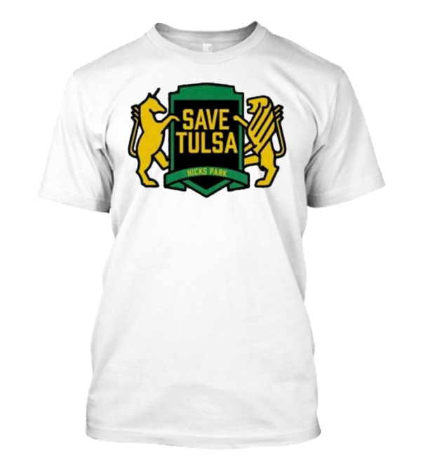 Save Tulsa Kicks Park Yellow Lion And Griffin Shield T-Shirt