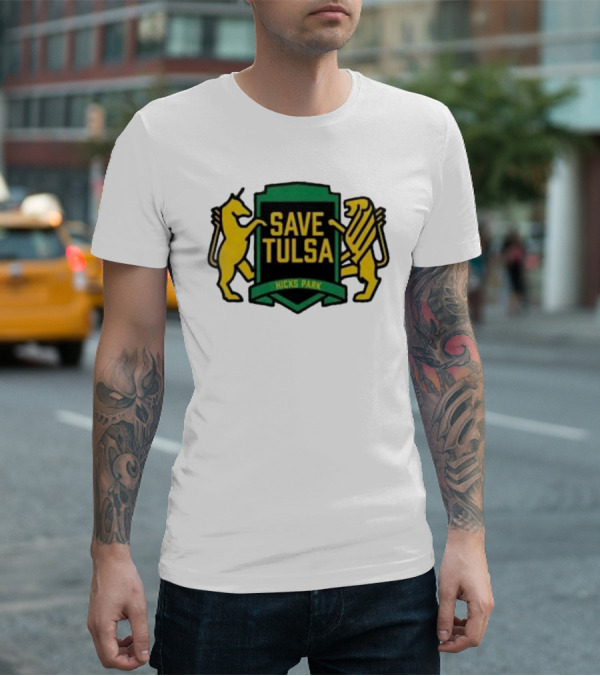 Save Tulsa Kicks Park Yellow Lion And Griffin Shield T-Shirt