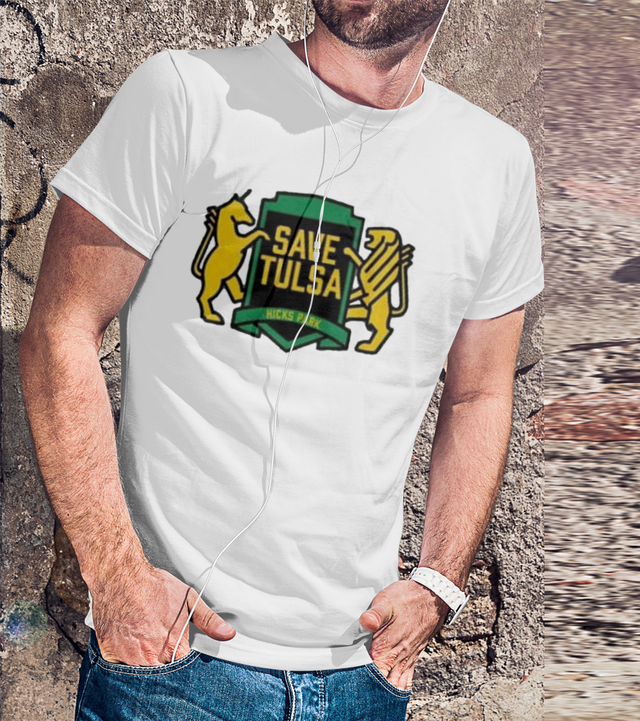 Save Tulsa Kicks Park Yellow Lion And Griffin Shield T-Shirt