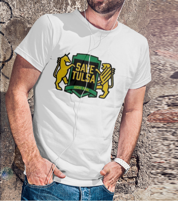 Save Tulsa Kicks Park Yellow Lion And Griffin Shield T-Shirt
