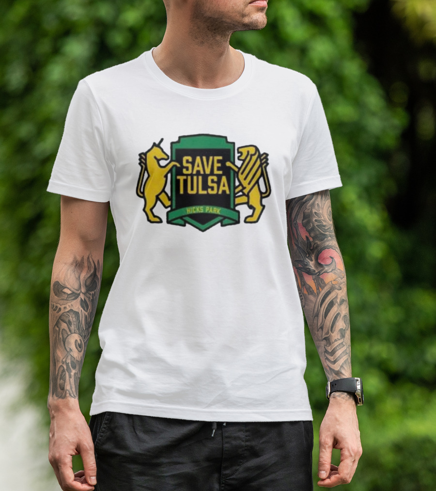 Save Tulsa Kicks Park Yellow Lion And Griffin Shield T-Shirt