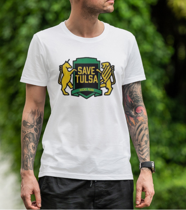 Save Tulsa Kicks Park Yellow Lion And Griffin Shield T-Shirt