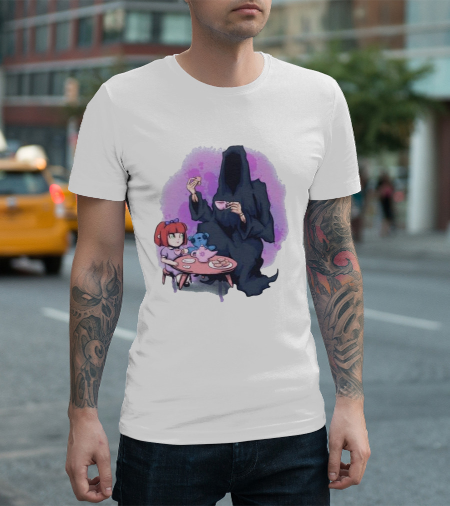 Tea Party with Grim Reaper and Little Girl T-Shirt