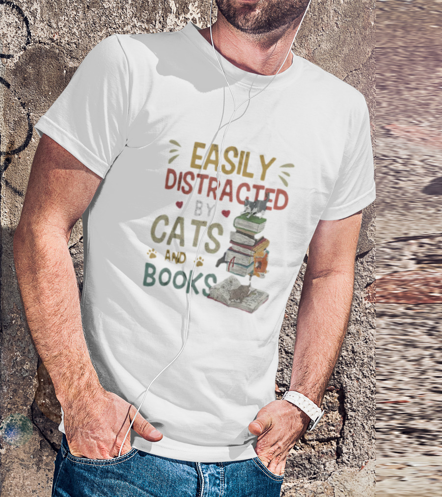 Easily Distracted By Cats And Books Stack Cats 365 Book Lover T-Shirt