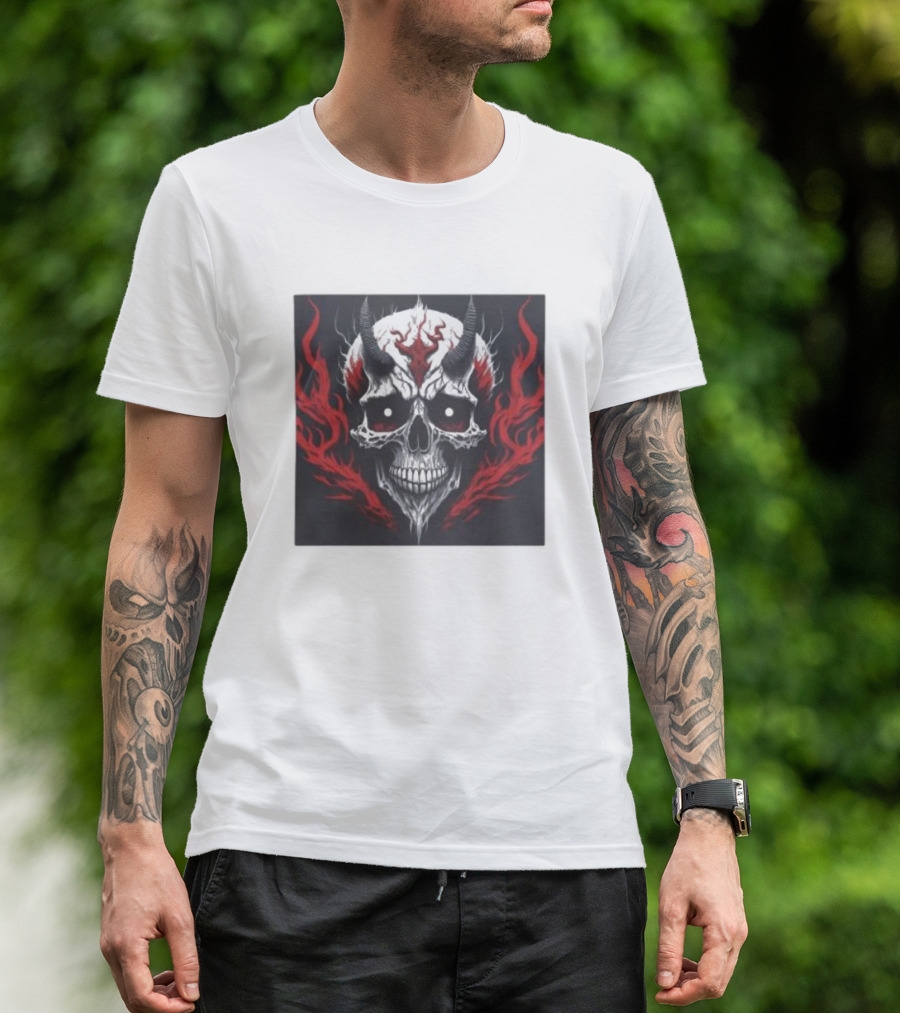 Trinity Of Darkness Skull Fiery Demonic Horns Flames T-Shirt