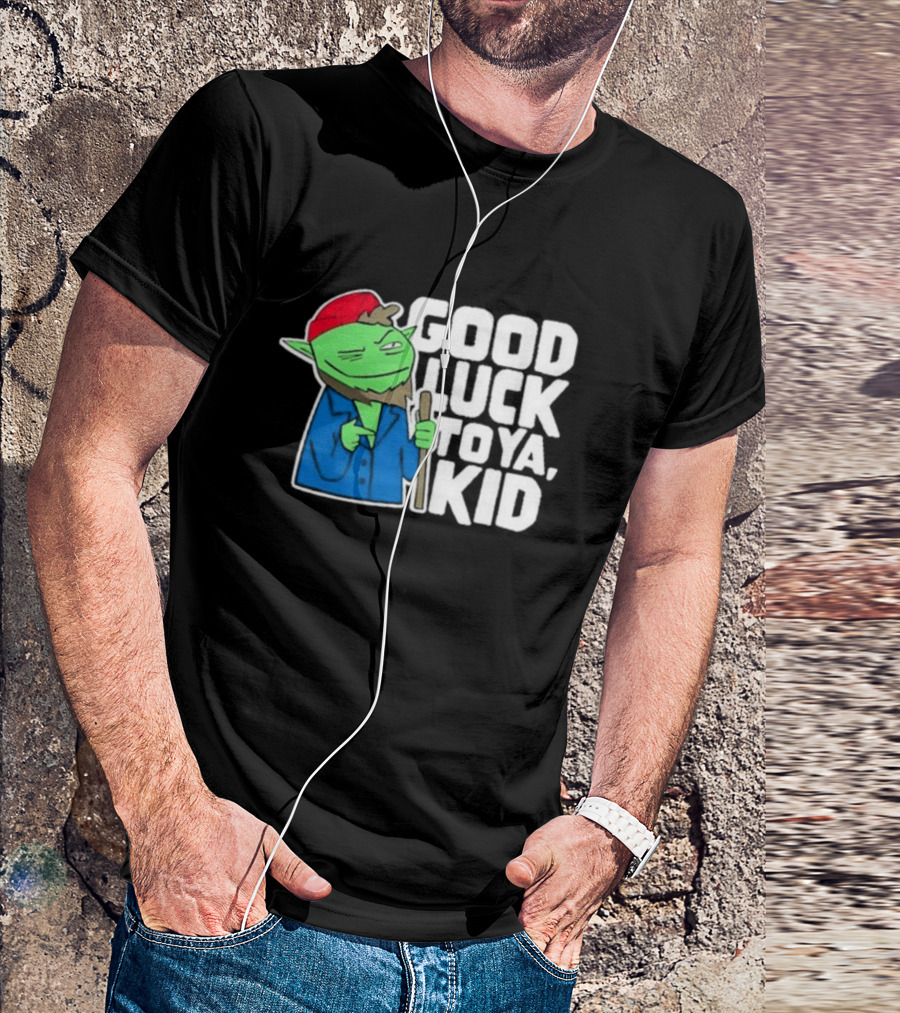 Good Luck To Ya Kid Green Character With Red Hat And Stick T-Shirt